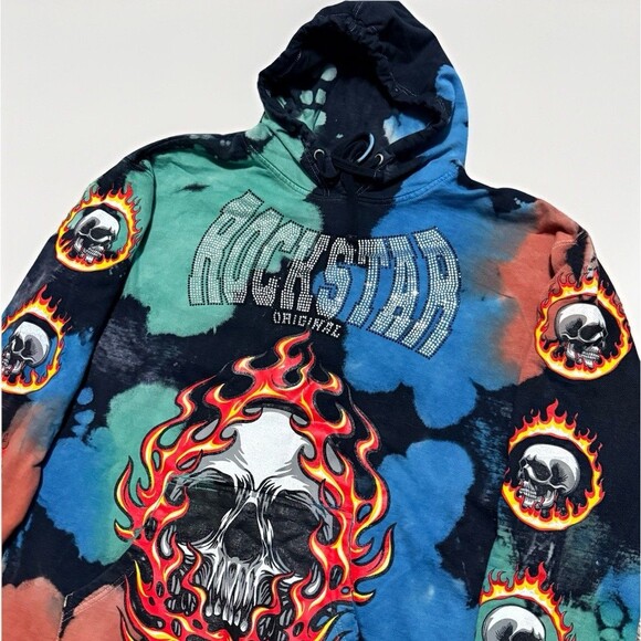 Rockstar Original Hoodie Mens XL Tie Dye Skull/Flames Sweatshirt Concert Tour - Picture 1 of 8
